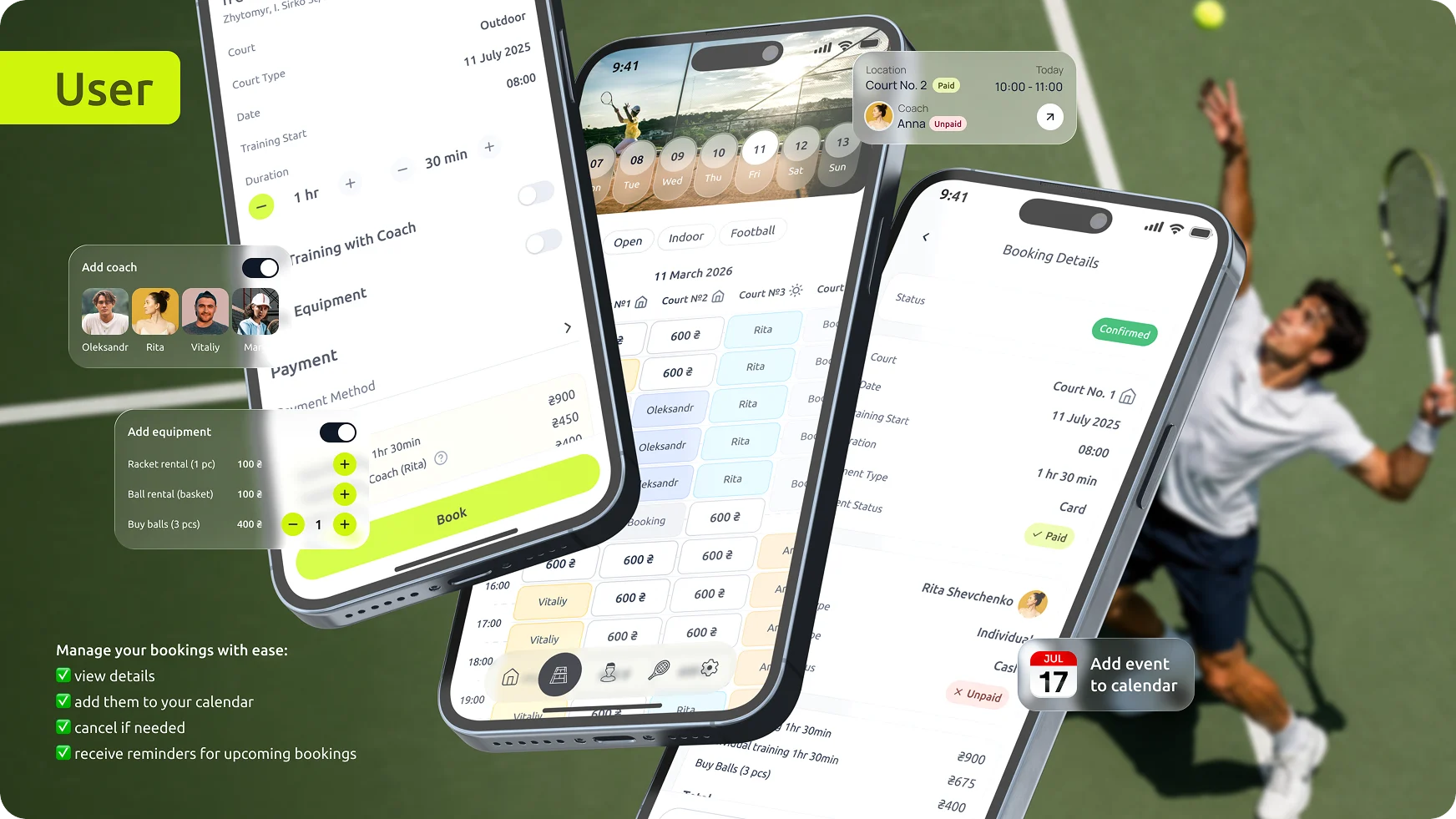 Screens of tennis club management app