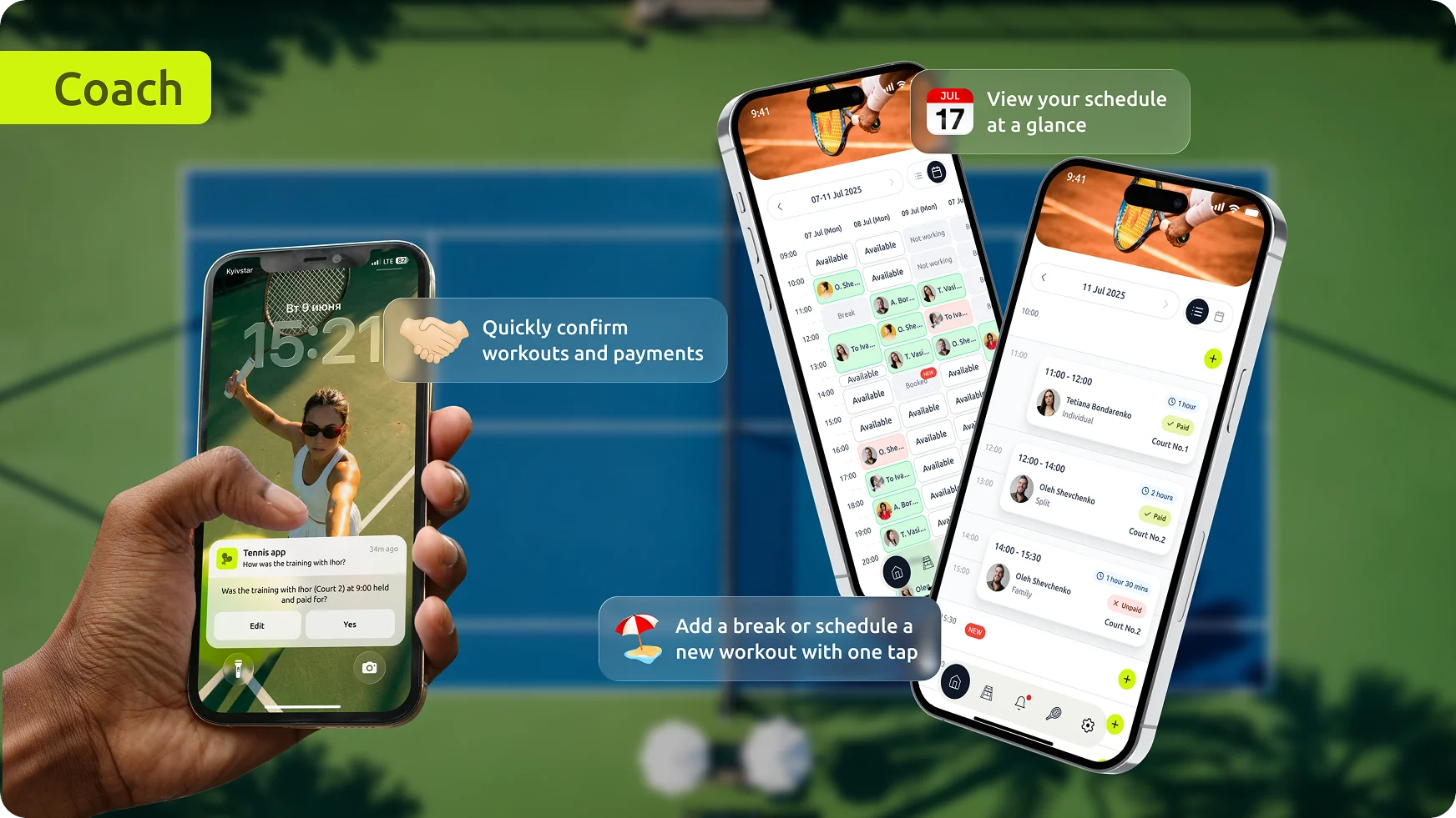 Notification system of the tennis club management app